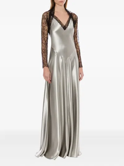 Alberta Ferretti Backless Satin Long Sleeve Floor-length Dress