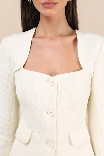 Lulus Hulda Ivory Textured Button-front Long Sleeve Blazer In Multi