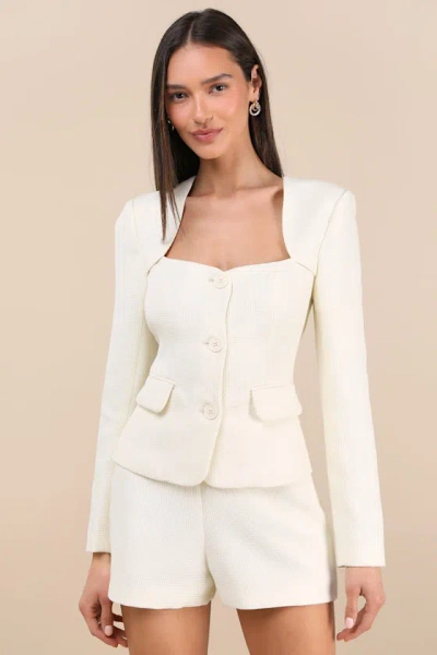 Lulus Hulda Ivory Textured Button-front Long Sleeve Blazer In Multi