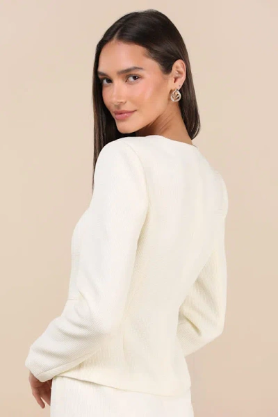 Lulus Hulda Ivory Textured Button-front Long Sleeve Blazer In Multi