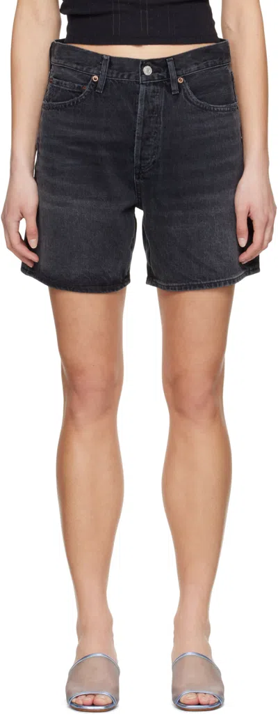 Agolde Parker Black Distressed Denim Shorts In Fallen