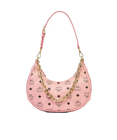 Mcm Small Aren Monogram Crescent Hobo Bag In Pink