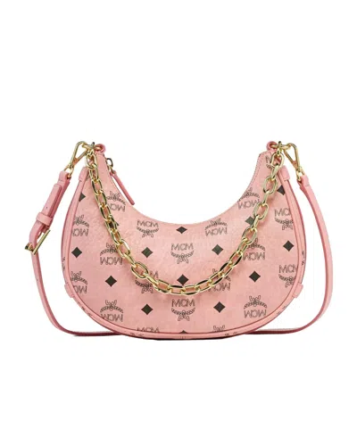 Mcm Small Aren Monogram Crescent Hobo Bag In Pink