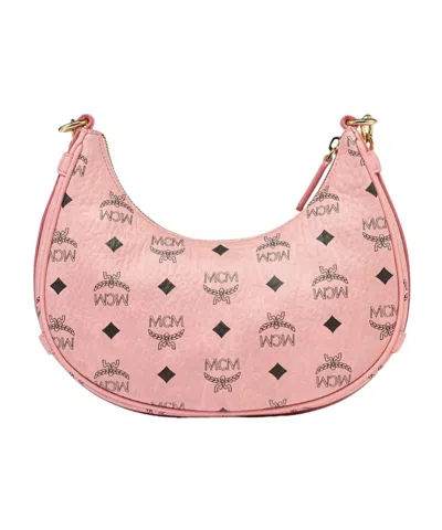 Mcm Small Aren Monogram Crescent Hobo Bag In Pink