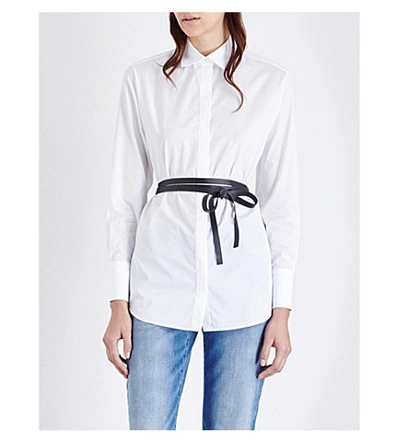 Shop Valentino Faux-leather Belt Cotton-poplin Shirt In Wht