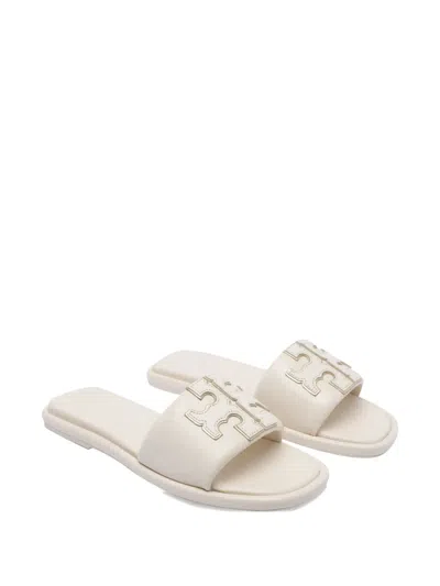 Tory Burch Double T Leather Medallion Slide Sandals In Neutral