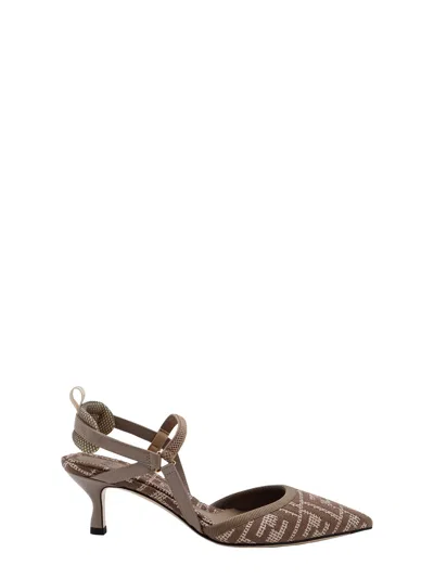 Fendi Cotton And Raffia Slingback With Jacquard Ff Motif In Brown