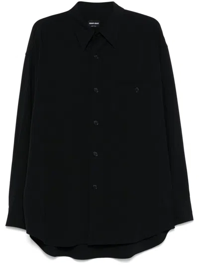 Giorgio Armani Long Sleeve Shirt In Navy Blue Cotton