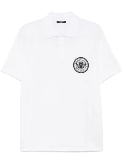 Balmain White Polo Shirt With Collar And Coin Print On The Front