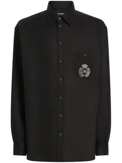 Dolce & Gabbana Cotton Tuxedo Shirt With Heraldic Patch In Black
