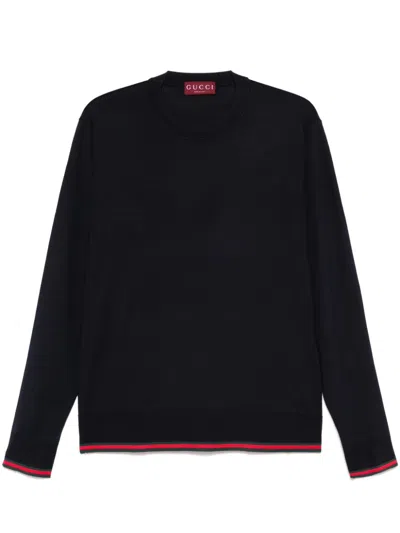 Gucci Long-sleeve Black Crewneck Sweater With Ribbed Details In Black