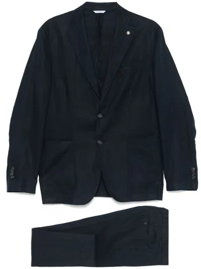 Manuel Ritz Tailored Navy Blue Two-piece Linen Suit