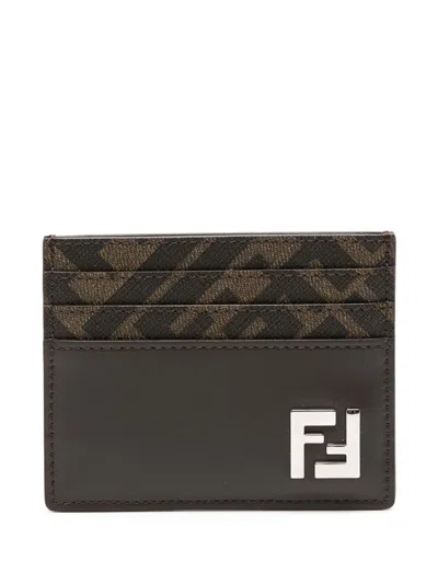 Fendi Brown Card-holder With Squared Ff Motif In Leather And Ff Canvas Man