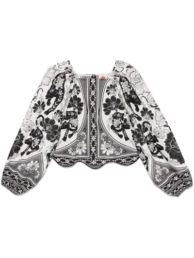 Farm Rio 'flower Leopard' Black And White Blouse With Boat Neckline And All-over Floral Print In Multicolor