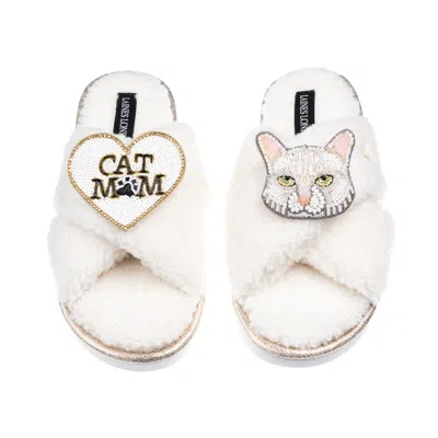 Laines London Women's Neutrals / White Laines Netural Boucle Slippers With White Cat & Cat Mum / Mom Brooches - Cr