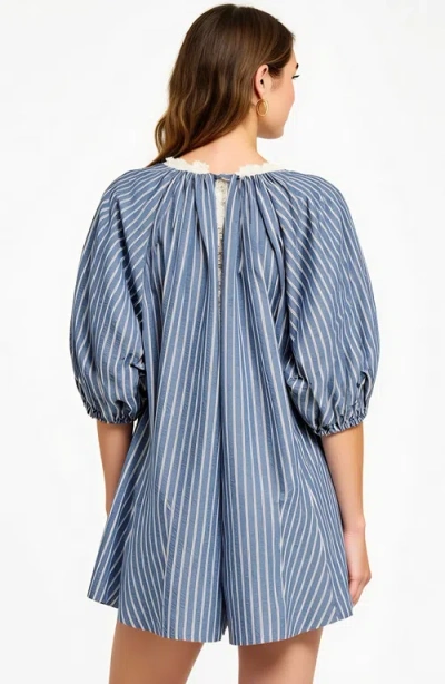 Modenaire Striped V-neck Romper With 3/4 Sleeves And Front Tie Detail