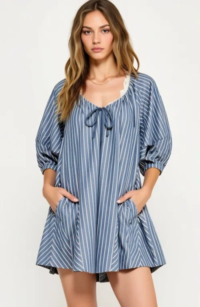 Modenaire Striped V-neck Romper With 3/4 Sleeves And Front Tie Detail