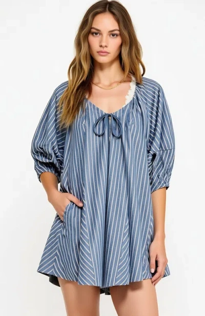 Modenaire Striped V-neck Romper With 3/4 Sleeves And Front Tie Detail
