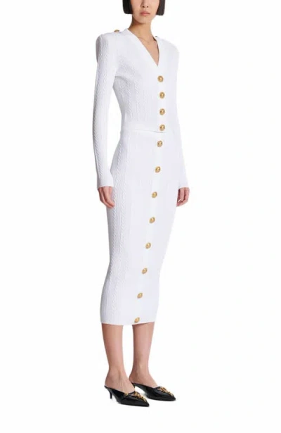 Balmain Long-sleeved Cable-knit Cardigan In White