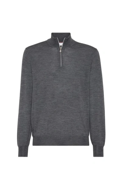 Brunello Cucinelli Half-zip High Collar Ribbed Sweater In Grey