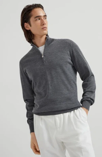 Brunello Cucinelli Half-zip High Collar Ribbed Sweater In Grey