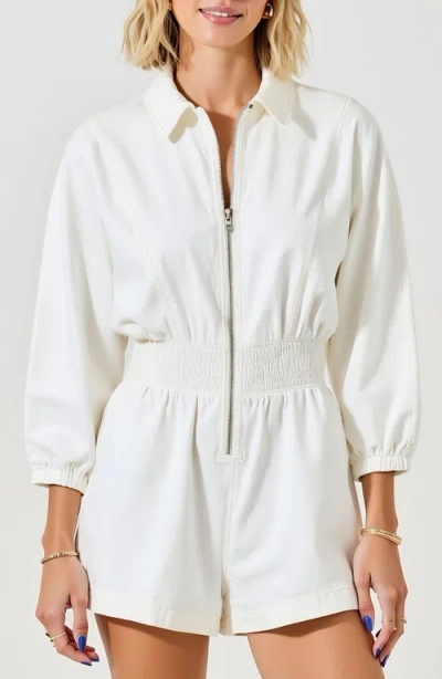 Modenaire Zip Front Long Sleeve Romper With Elastic Waist And Collar Detail
