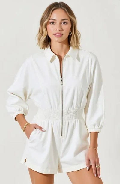 Modenaire Zip Front Long Sleeve Romper With Elastic Waist And Collar Detail