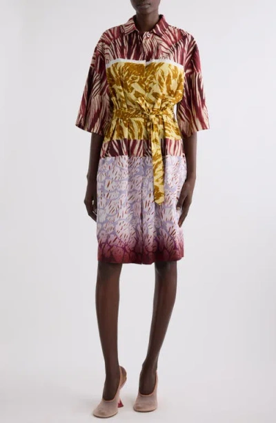 Dries Van Noten Womens Burgundy Abstract-print Belted Cotton-poplin Midi Dress