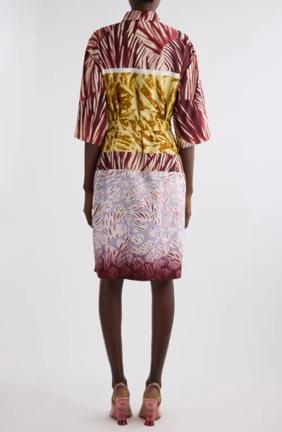Dries Van Noten Womens Burgundy Abstract-print Belted Cotton-poplin Midi Dress