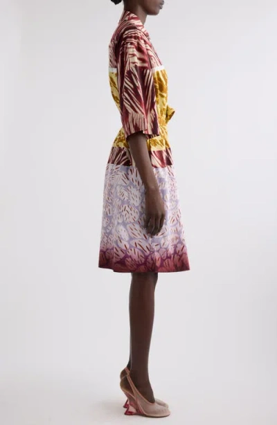 Dries Van Noten Womens Burgundy Abstract-print Belted Cotton-poplin Midi Dress