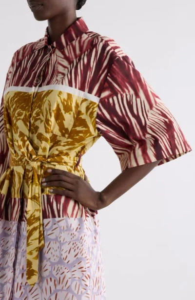Dries Van Noten Womens Burgundy Abstract-print Belted Cotton-poplin Midi Dress