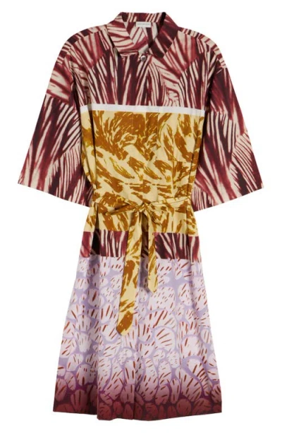 Dries Van Noten Womens Burgundy Abstract-print Belted Cotton-poplin Midi Dress
