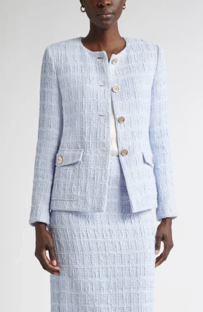 St John St. John Collection Plaid Textured Cotton Blend Tweed Jacket In Blue
