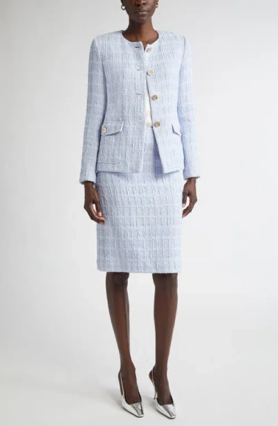 St John St. John Collection Plaid Textured Cotton Blend Tweed Jacket In Blue