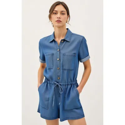 Modenaire Utility Button-up Denim Romper With Pockets And Drawstring Waist