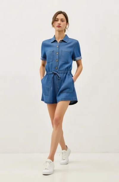 Modenaire Utility Button-up Denim Romper With Pockets And Drawstring Waist