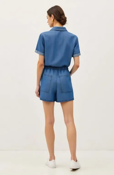 Modenaire Utility Button-up Denim Romper With Pockets And Drawstring Waist