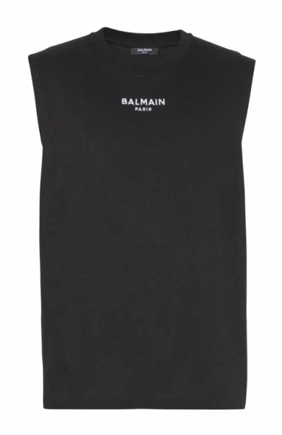 Balmain Black Crewneck Sleeveless Top With Logo Lettering Embroidery On The Front