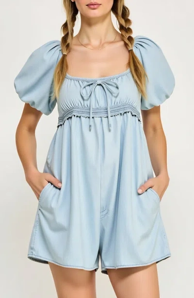 Modenaire Puff Sleeve Romper With Tie Front And Relaxed Flowy Fit