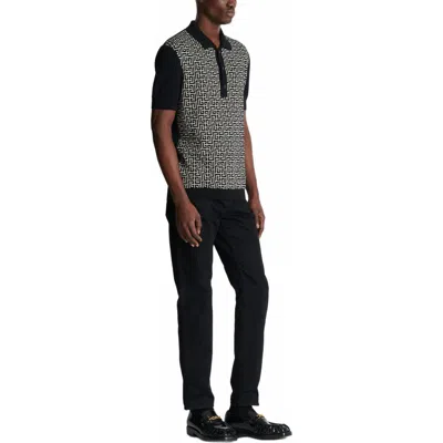 Balmain Wool And Linen Polo Shirt With Monogram Motif In Black