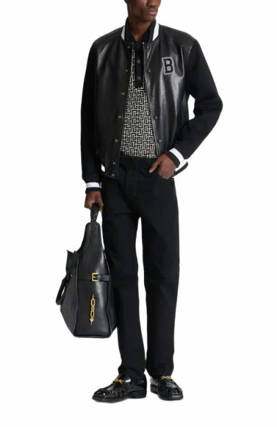 Balmain Wool And Linen Polo Shirt With Monogram Motif In Black