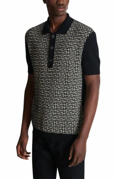 Balmain Wool And Linen Polo Shirt With Monogram Motif In Black