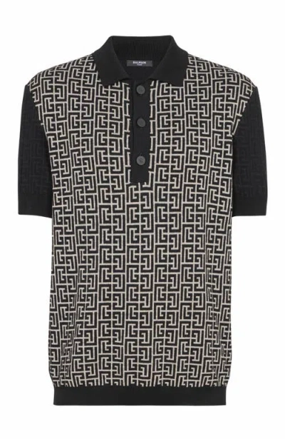 Balmain Wool And Linen Polo Shirt With Monogram Motif In Black