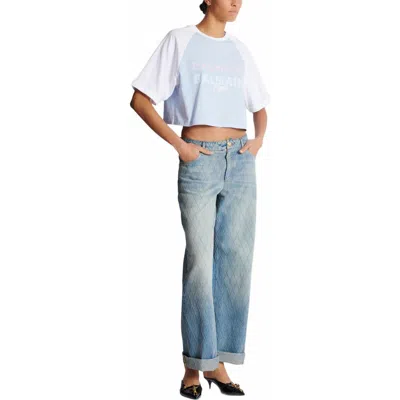 Balmain Paris Print Crew Neck Cropped T-shirt In Blue
