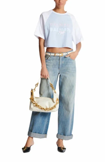 Balmain Paris Print Crew Neck Cropped T-shirt In Blue