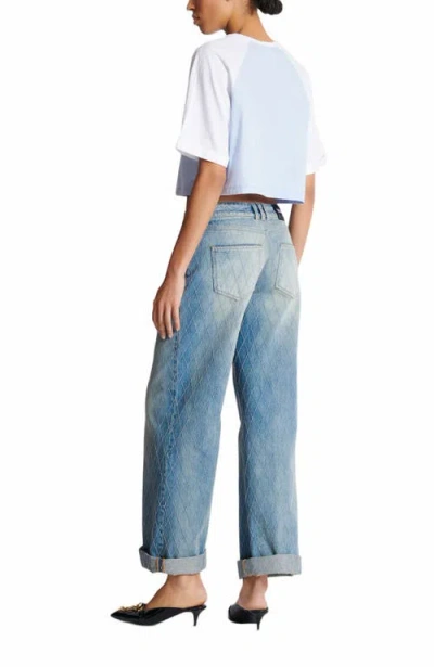 Balmain Paris Print Crew Neck Cropped T-shirt In Blue