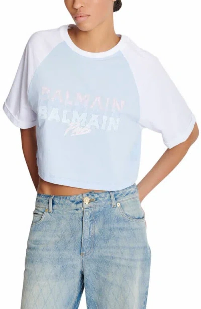 Balmain Paris Print Crew Neck Cropped T-shirt In Blue