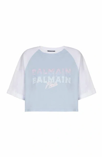 Balmain Paris Print Crew Neck Cropped T-shirt In Blue