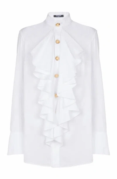 Balmain Ruffled Poplin Shirt In White