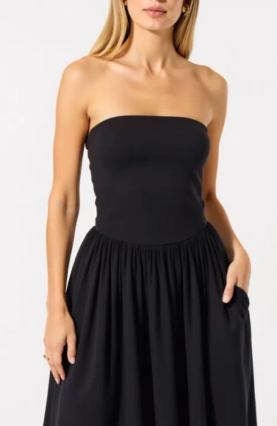 Modenaire Strapless Smocked Bodice Midi Dress With Flowy Skirt And Pockets